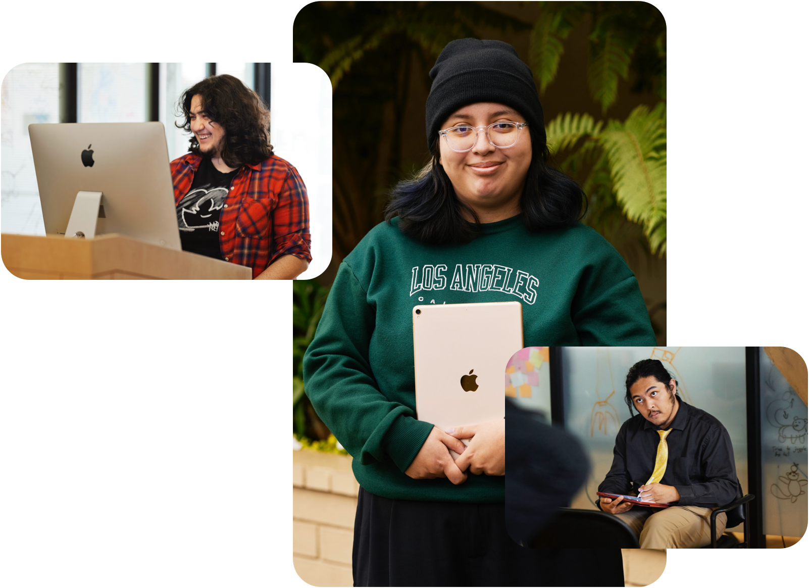 Three photos of students from Exceptional Minds program, student working with Mac computer, student holding iPad with back of device facing outwards, student watching a model and sketching on iPad using Apple Pencil