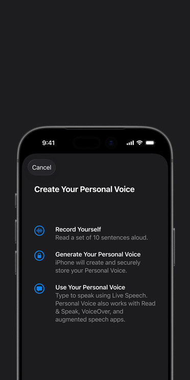 개인 음성 기능에서 개인 음성 만드는 방법 안내문을 보여주는 iPhone 17 Pro 화면