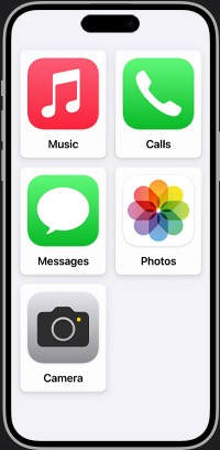 Forenklet Hjem-skjerm på iPhone som viser Musikk, Anrop, Meldinger, Bilder og Kamera.