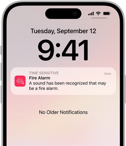Powiadomienie o zidentyfikowaniu alarmu pożarowego przez funkcję Rozpoznawanie dźwięków na iPhonie.