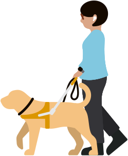 Kvinne med nedsatt syn som bruker AirPods og går med en førerhund
