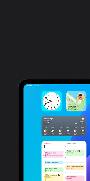 Fitur VoiceOver di layar iPad Pro menampilkan widget aplikasi Cuaca dengan output audio “Weather, Oakland, 68 degrees”