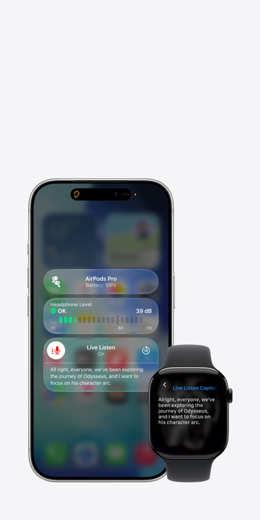 Obrazovka iPhonu 17 Pro zobrazující aktivní relaci Živého poslechu s přepisem zachycené řeči a displej Apple Watch Series 11 paralelně zobrazující odpovídající Živé titulky