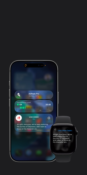 Obrazovka iPhonu 17 Pro zobrazující aktivní relaci Živého poslechu s přepisem zachycené řeči a displej Apple Watch Series 11 paralelně zobrazující odpovídající Živé titulky