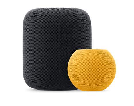 One Midnight HomePod and one Yellow HomePod mini sitting side by side