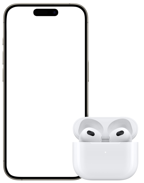 Ladecase mit eingesetzten AirPods der dritten Generation und weiß leuchtender Kopplungsanzeige neben einem iPhone. Eine kleine Kachel auf dem iPhone Homescreen zeigt den Kopplungsbildschirm mit der Taste „Verbinden“, um die AirPods per Fingertipp zu verbinden.