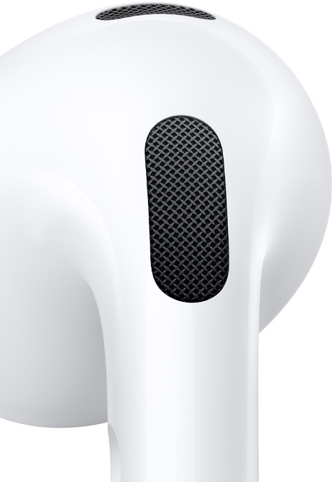 Close-up van de microfoon aan de buitenkant van een AirPods-oortje.