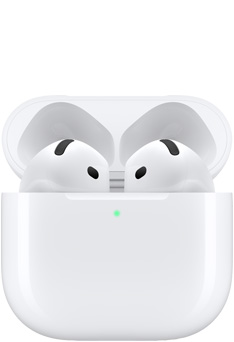 AirPods 4 dentro del estuche de carga con la tapa abierta.