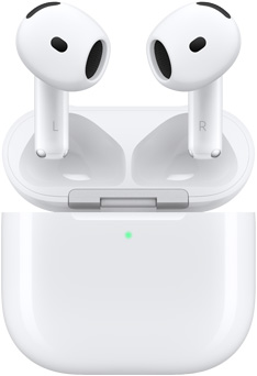 AirPods 4 flotando encima del estuche de carga con la tapa abierta.