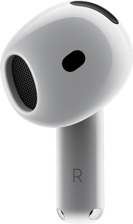 AirPods 4 showcasing the front view of AirPod, pointing to the Physical Fit-ness.