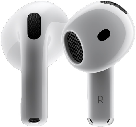 Dos auriculares AirPods 4 girando uno alrededor del otro y parándose en distintos ángulos.