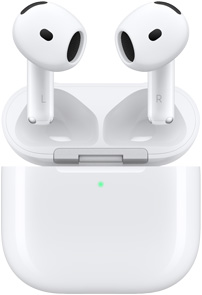 열려 있는 AirPods 4 충전 케이스와 그 위에 AirPods 4가 떠 있는 모습.