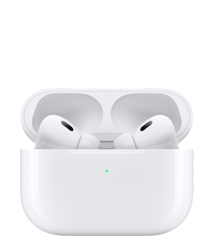 덮개가 열린 충전 케이스 안에 AirPods Pro가 담긴 모습.