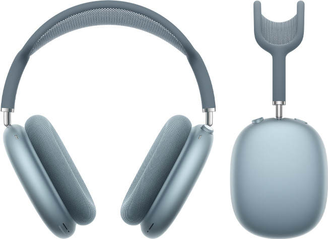 Vista frontal y lateral de los AirPods Max en azul