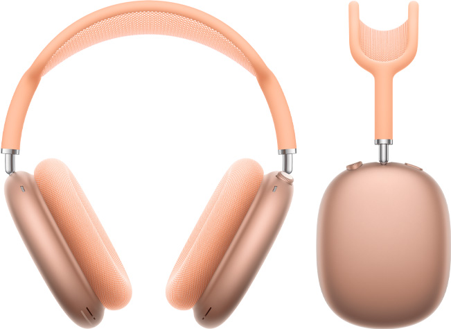 Vista frontal y lateral de los AirPods Max en naranja