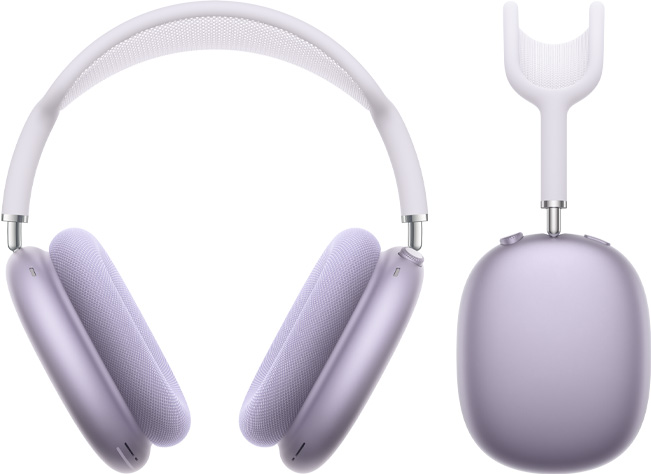 Violetit AirPods Max ‑kuulokkeet kuvattuina edestä ja sivulta