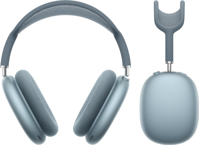 Imagem da frente e da lateral dos AirPods Max na cor azul
