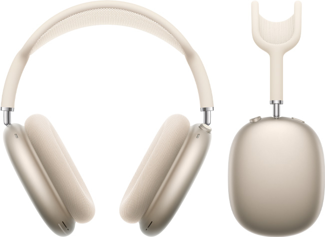 Imagem da frente e da lateral dos AirPods Max na cor estelar