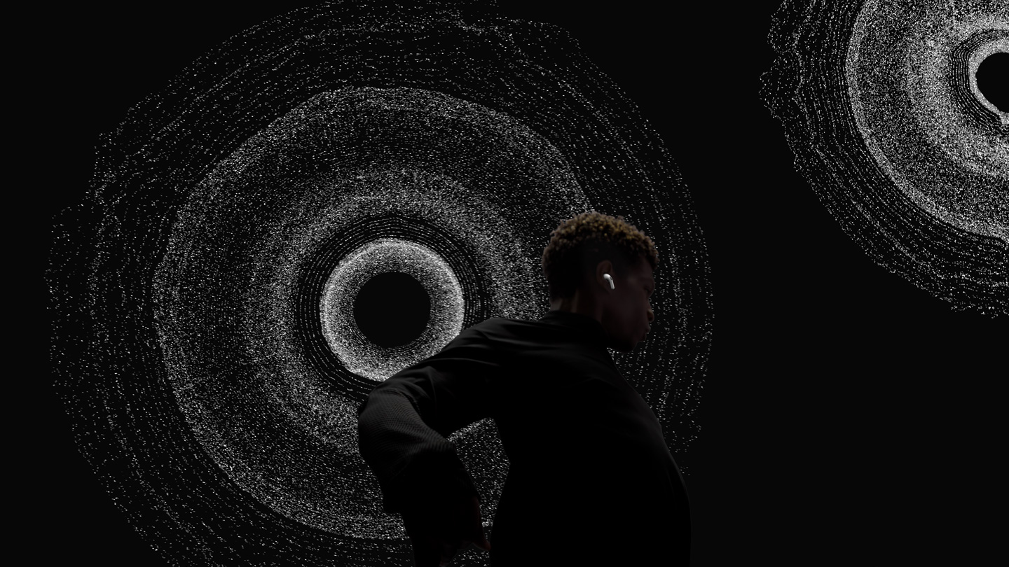 Image visualises sound channels surrounding a dancer and playing audio from every direction.