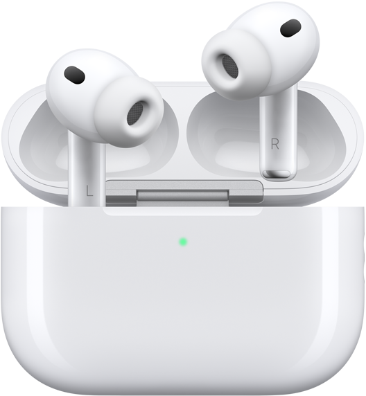 AirPods Pro 3 and MagSafe Charging Case (USB-C), rounded case exterior, LED power indicator, case lid open, white color, wireless headphones with silicone tips, stem interior features letter L and letter R