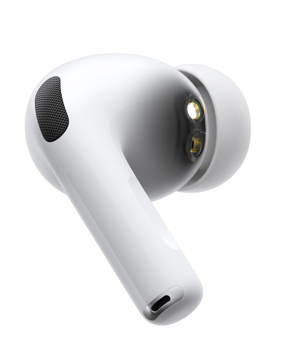 AirPods Pro 3, wireless headphone, white color, side exterior, short tubular stem, noise-canceling microphone, silicone tip, pulsating wave