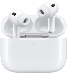 AirPods Pro 3 e estojo de recarga MagSafe (USB-C) na cor branca com a parte externa arredondada, indicador LED de energia, estojo aberto com fones de ouvido sem fio com pontas de silicone, interior das hastes com as letras L e R