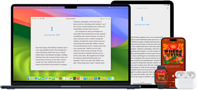 MacBook Pro and iPad Air display a page from the same ebook in the Books app. Apple Watch and iPhone 15 screens display a book cover from the same audiobook. An AirPod Pro case open to show both AirPod Pro earbuds.