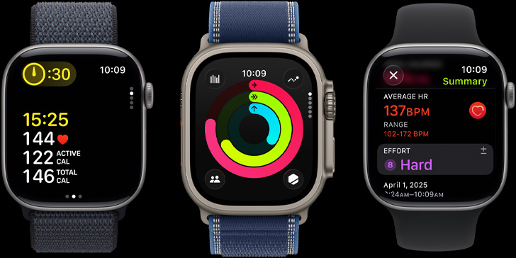 Três dispositivos Apple Watch com métricas de treino, anéis de Atividade e informações pós‑treino no ecrã