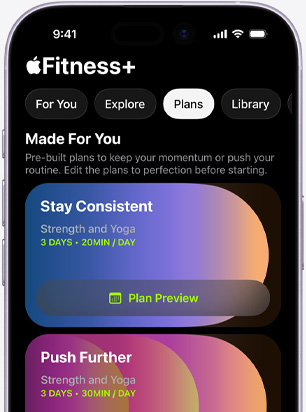 App Apple Fitness+ no iPhone a mostrar o ecrã do separador Planos com planos Para si: Mantenha o ritmo e Vá mais longe