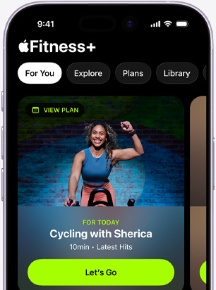 App Apple Fitness+ no iPhone a mostrar o ecrã do separador Para si, com a recomendação de um treino de bicicleta