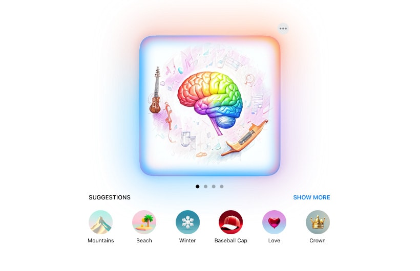 La interfaz del usuario de la experiencia Image Playground muestra una imagen colorida de un cerebro rodeado de instrumentos musicales clásicos y notas musicales con sugerencias para agregar más elementos a la imagen
