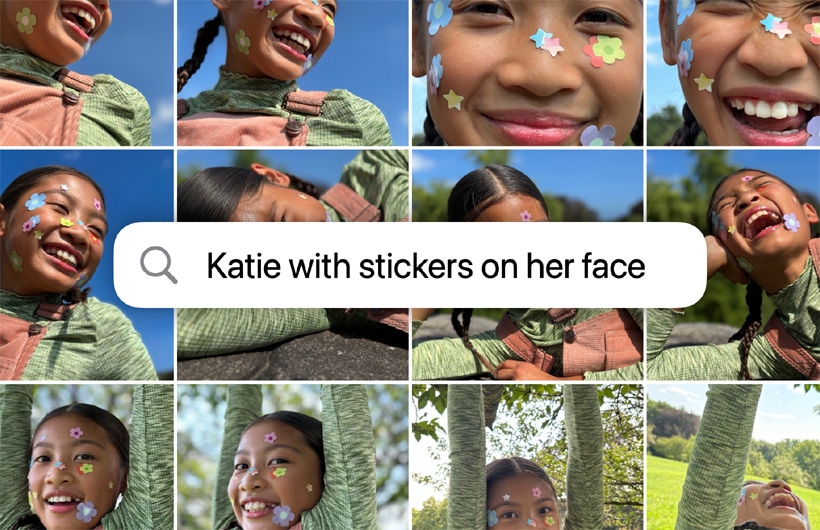 Grade de fotos com base no texto inserido: Katie com adesivos no rosto.