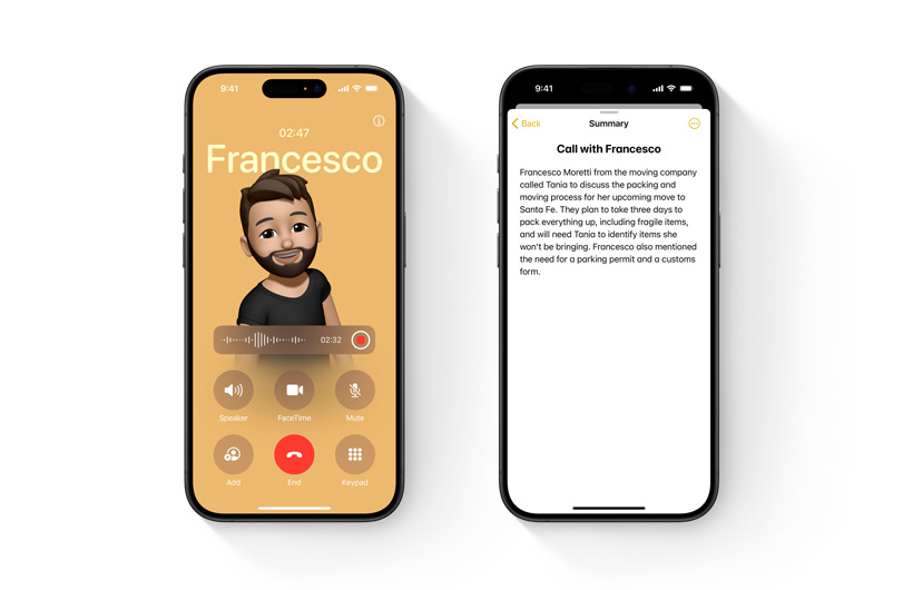 تطبيق الهاتف يظهر مع وظيفة تسجيل جديدة في مكالمة مباشرة. جهاز iPhone ثانٍ يعرض ملخصاً للمكالمة بالاستناد إلى النسخ النصي المباشر للصوت.