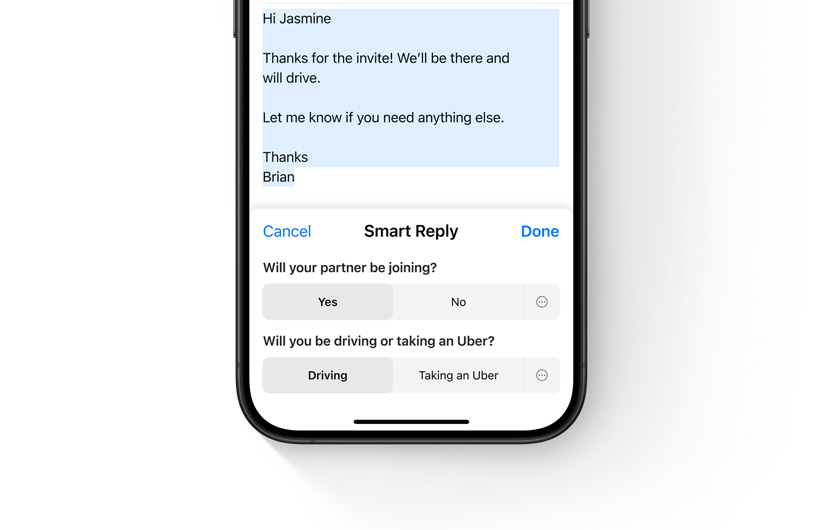 Se muestran opciones de Respuestas Inteligentes en la app Mail de un iPhone.
