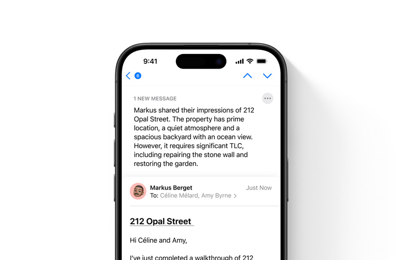An email in the Mail app is shown with a summary you can read at the top.