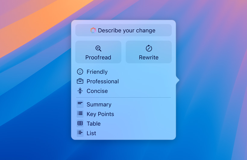 UI for Writing Tools with a text field to enter prompts, buttons for Proofread and Rewrite, different tones of writing voice, and options for summarize, key points, table, and list