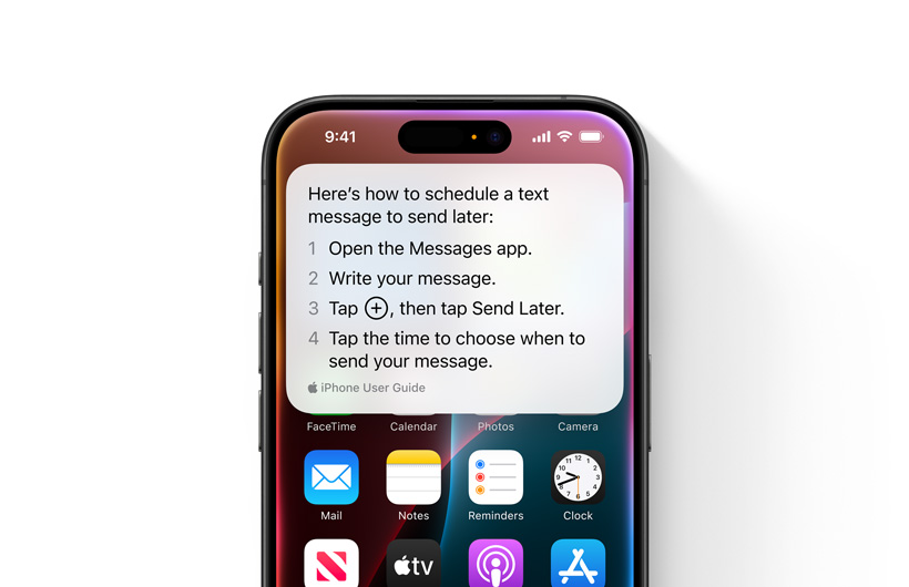 Un iPhone où est affichée une explication détaillée de la marche à suivre pour programmer l’envoi d’un texto