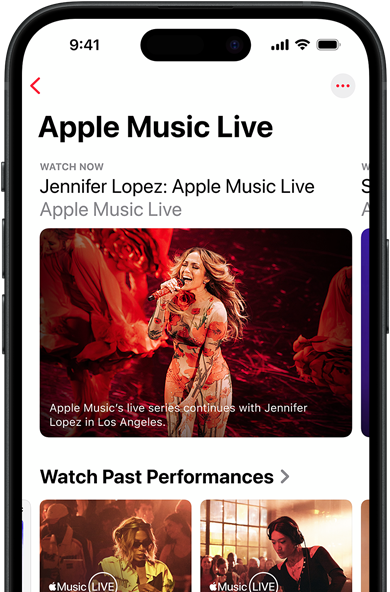 Apple Music Live screen on iPhone showing Watch Now, past performances and exclusive content like Apple Music 100 Best Albums