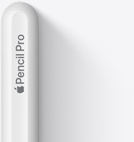 Apple Pencil Pro’nun üst kısmı, yuvarlak ucu, Apple logosu ve Pencil Pro yazısı görünüyor.