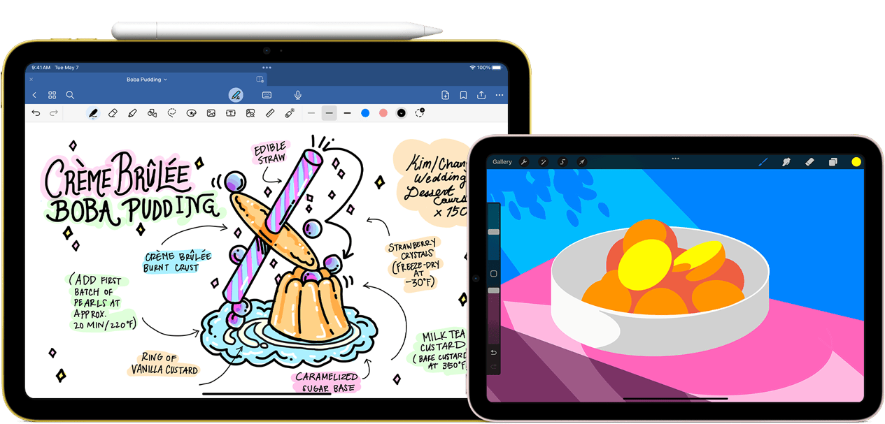 Lijevo, iPad 10. generacije, pejzažna orijentacija, prikazuje grafiku s bilješkama i crtež s olovkom Apple Pencil USB‑C pričvršćenom na vrhu. Desno, iPad mini, pejzažna orijentacija, prikazuje živopisnu ilustraciju napravljenu u aplikaciji ProCreate.