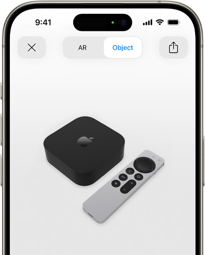 Obrázek Apple TV 4K v zobrazení rozšířené reality na iPhonu.
