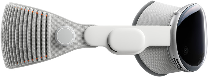 Seitenansicht der Apple Vision Pro mit Lichtdichtung und verstellbarem Band aus Strickgewebe.