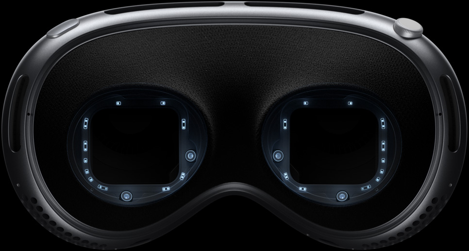 Apple Vision Pro 的內部圖,突顯支援精準眼球追蹤的 LED 及紅外線相機