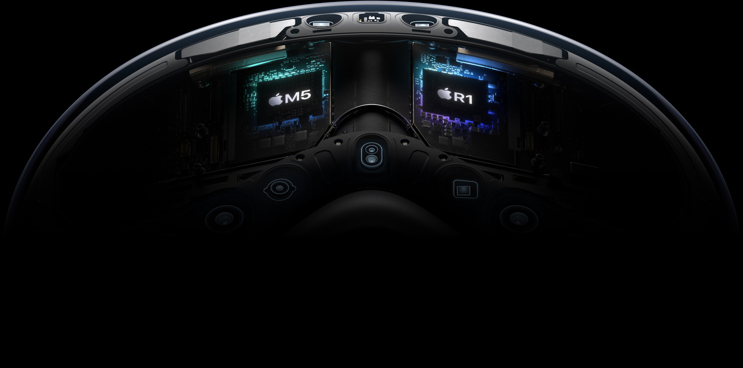 Apple Vision Pro 的內部技術分解圖,突顯 M5 與 R1 晶片