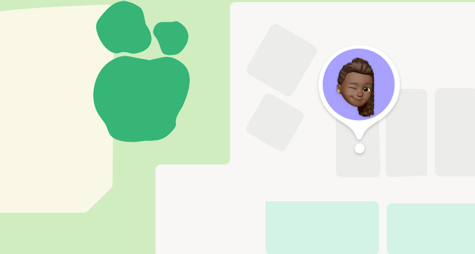 A kid memoji, sticking out of a map to indicate where she is.