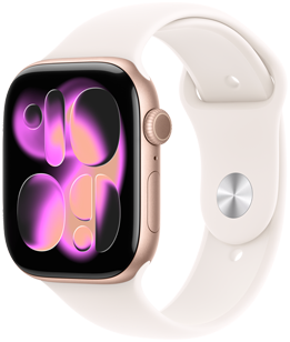 Apple Watch Series 11, สีโรสโกลด์, ตัวเรือนอะลูมิเนียม, หน้าปัด Responsive Art, ภายนอกด้านขวา, Digital Crown, ไมโครโฟน, ปุ่มด้านข้าง, สายแบบ Sport Band, สีชมพูบลัช, ตัวล็อคสีเงินแบบเสียบหมุดแล้วสอดสาย