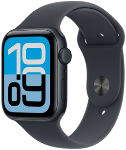 Apple Watch SE 3, ตัวเรือนอะลูมิเนียม, สีมิดไนท์, หน้าปัดนาฬิกาฟลักซ์, ภายนอกด้านขวา, Digital Crown, ไมโครโฟน, ปุ่มด้านข้าง, สายแบบ Sport Band สีมิดไนท์, ตัวล็อคสีเงินแบบเสียบหมุดแล้วสอดสาย