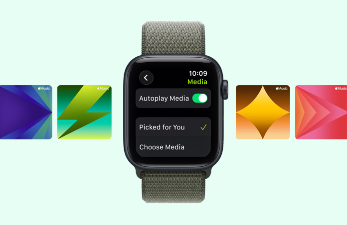 Apple Watch SE 3, aluminium case, midnight colour, Apple Music workout playlist suggestions, strap, Sport Loop, forest colour