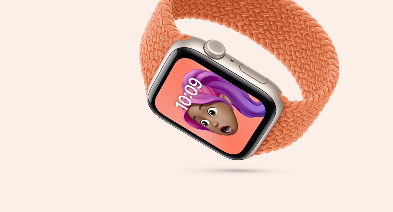 Apple Watch SE 3, ตัวเรือนอะลูมิเนียม, สีสตาร์ไลท์, จอภาพพร้อมกระจกที่ทนการแตกร้าว, สาย, สายแบบ Braided Solo Loop, สีขมิ้น