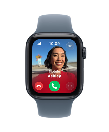 Apple Watch SE 3, aluminium case, midnight colour, incoming call, contact photo, accept and decline call buttons, right side exterior, Digital Crown, Sport Band, anchor blue colour